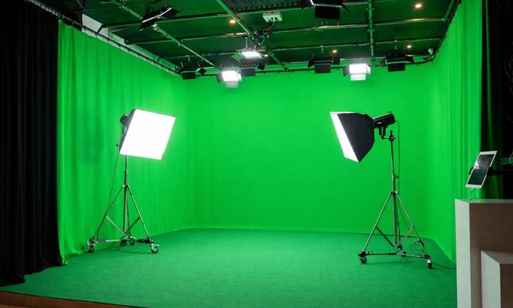 Plateau de tournage avec fond vert pour incrustation, Paris 20e